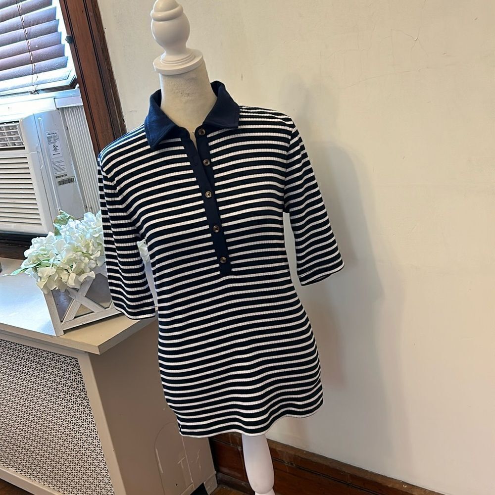 Loft navy blue white striped collared shirt sleeve top Size M EUC